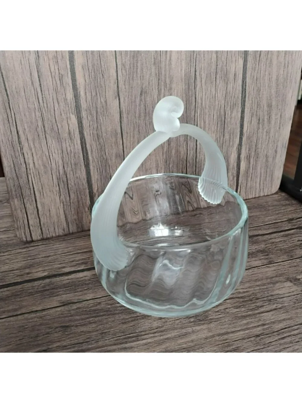 Vintage 70s Hand Blown Clear Art Glass Optic Basket, Frosted Satin Handle, MCM